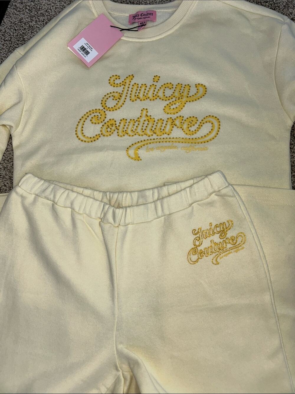 JUICY COUTURE SOFT YELLOW
BLING GOLD GLITTER LOGO FLEECE TRACKSUIT SWEATSUIT NWT